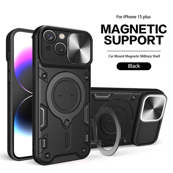Xilaimitoo For iPhone 15Plus Case,with Slide Camera Cover , Full Body Military-Grade Case with Upgrade Magnetic Ring Kickstand for iPhone15 Plus Case -Black
