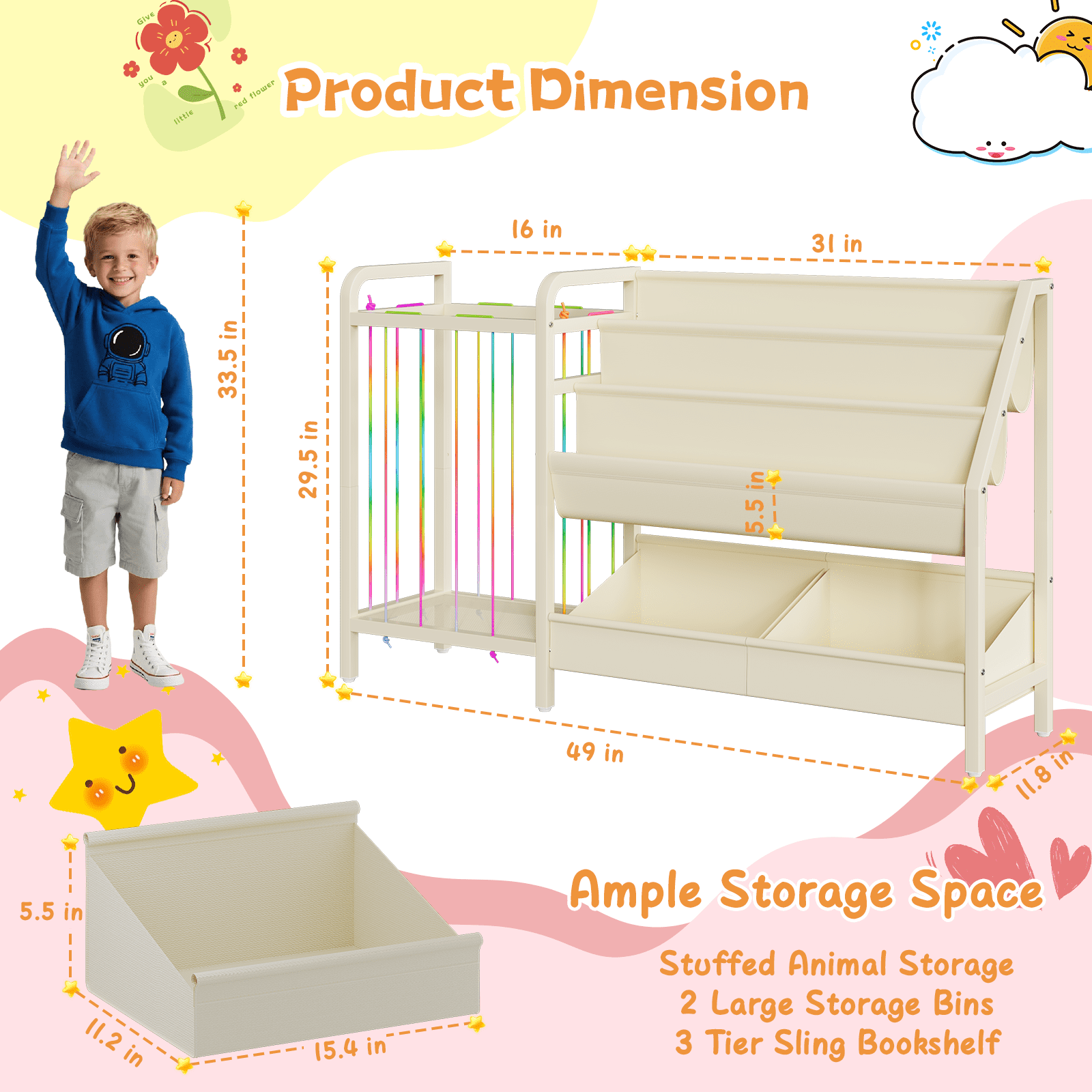 B5 Bookshelf and Toy Storage, Book Shelf for Kids Rooms, Sling Toddler Book Shelves with Stuffed Animal Storage, Montessori Baby Bookcase for Nursery, Bedroom, Playroom, White