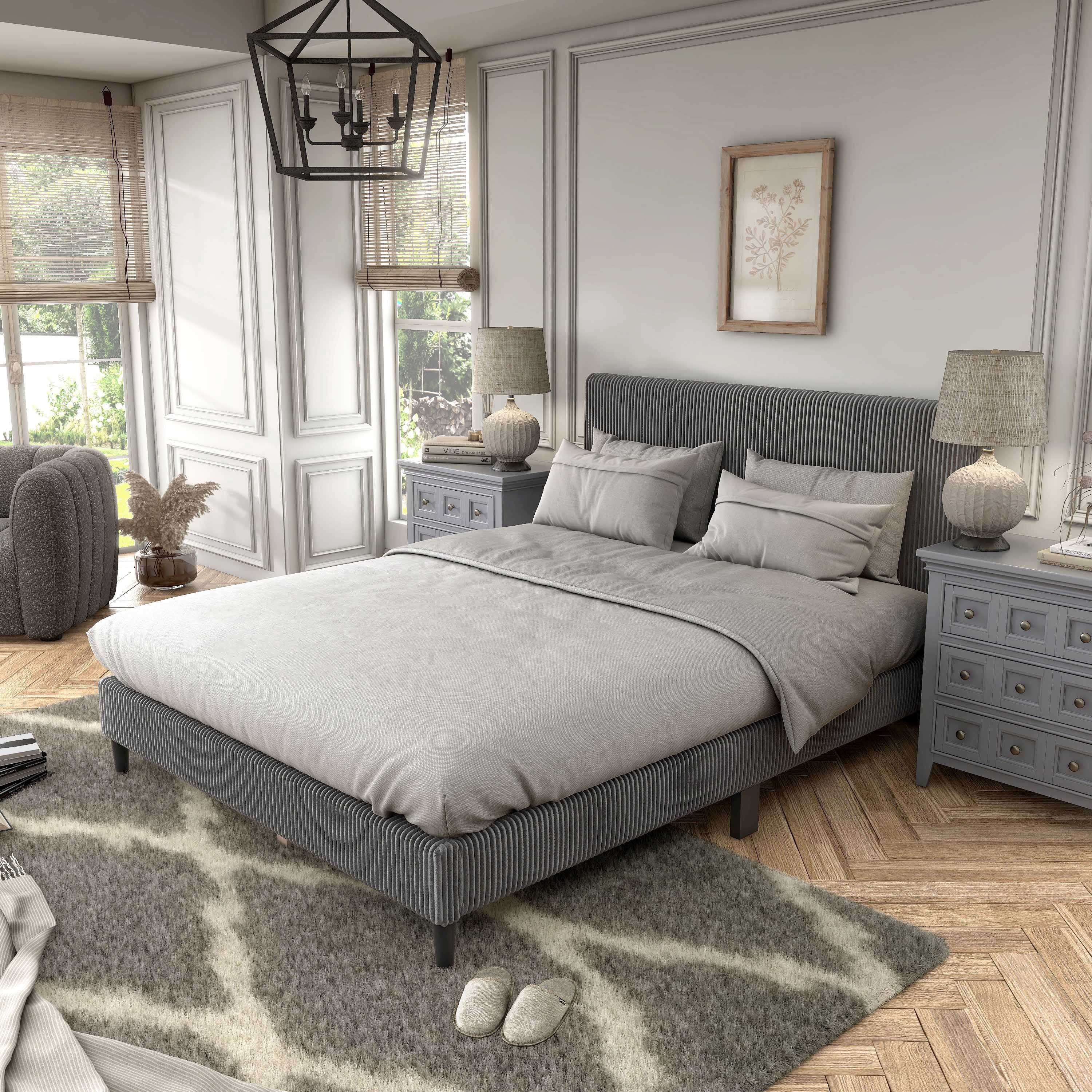 Furniture of America Colly Adult Queen Chenille Fabric Upholstered Platform Bed, Dark Gray