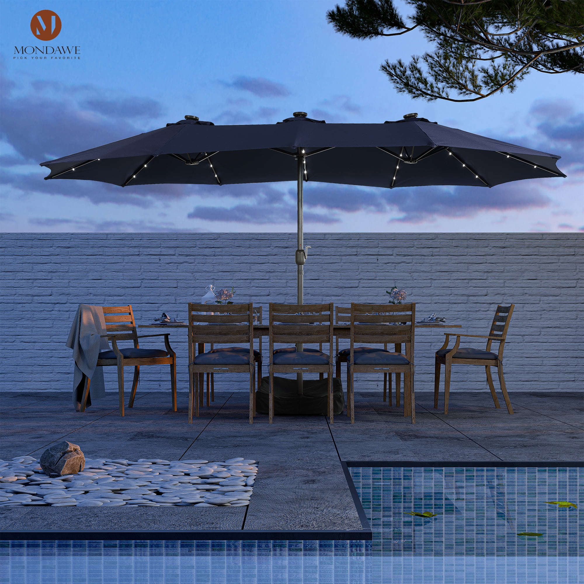 15ft Large Patio Umbrella with Solar Lights, DoubleSided Outdoor