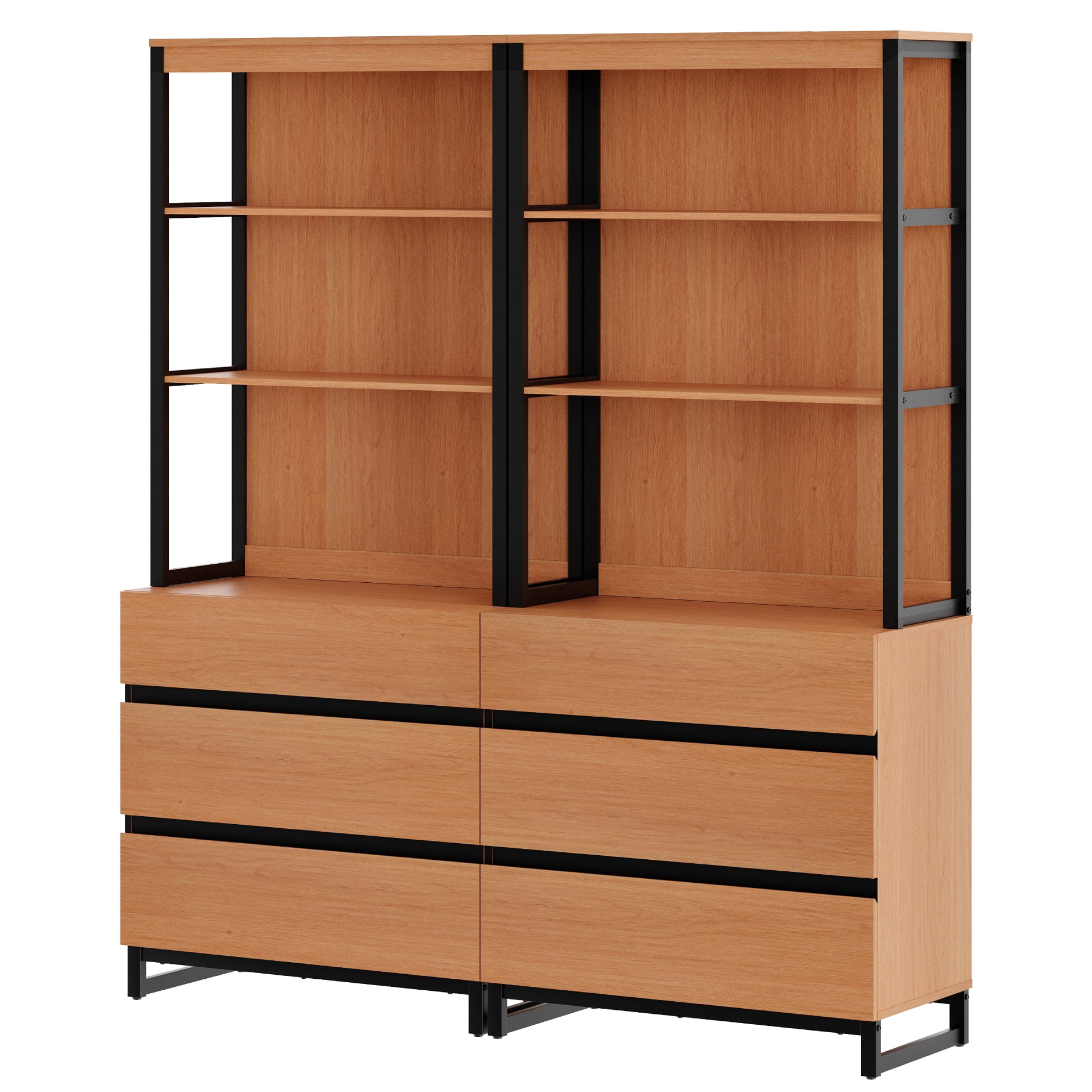 WAMPAT 2-Piece Modern 72" Tall Freestanding Bookcase，6 Drawers, Open Shelves & Storage Cabinet with Metal Base，Wood Library Bookshelf for Home Office & Living Room