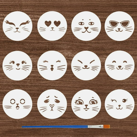12 Pcs Cartoon Animal Expressions Painting Stencil with Brush 5.9inch Round 12 Style Animal Face Drawing Template Cute Expressions DIY Stencil