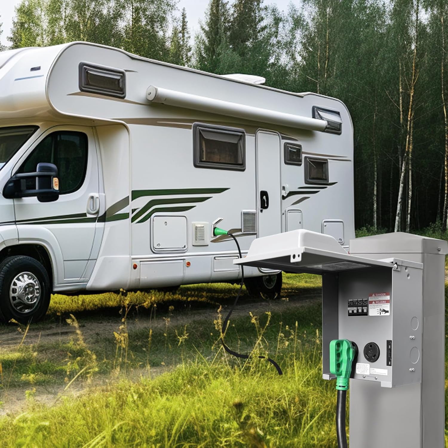 RVGUARD RV Temporary Power Outlet Panel with Breaker, ETL Listed 20 30 50 Amp RV Receptacle, Type 3R RV Electrical Outlet Panel with 20 Amp 90 Degree Adapter Cord for RV, Camper, Travel Trailer