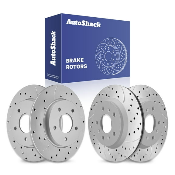 AutoShack Front Vented & Rear Solid Drilled & Slotted Coated Brake Rotors Silver Matte Finish 4-PC Set Replacement for 2010-2013 Chevrolet Impala 2014-2016 Chevrolet Impala Limited TurboGuard