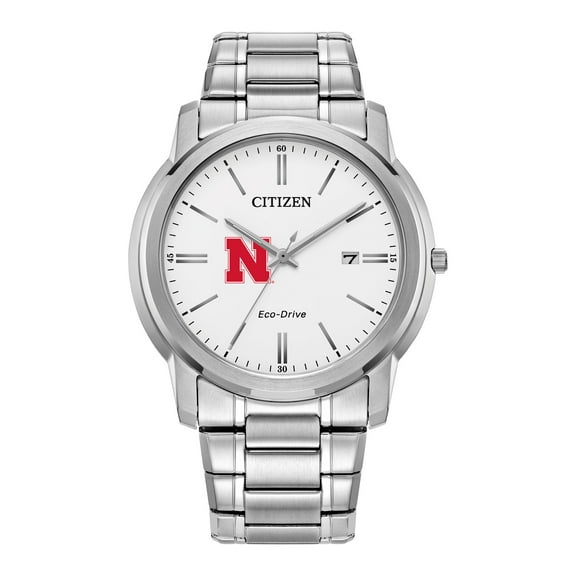 Men's Citizen Watch Silver Nebraska Huskers Eco-Drive White Dial Stainless Steel Watch