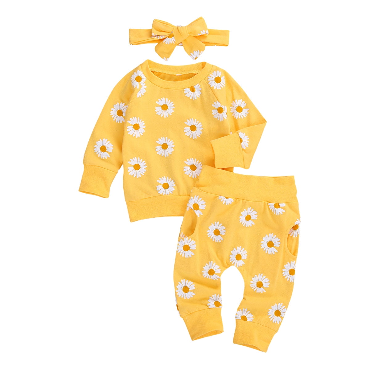 Newborn Baby Girl Floral Clothes Daisy Sweatshirt Top Trouser Headband Sweatsuit 3Pcs Infant Toddler Outfit Set