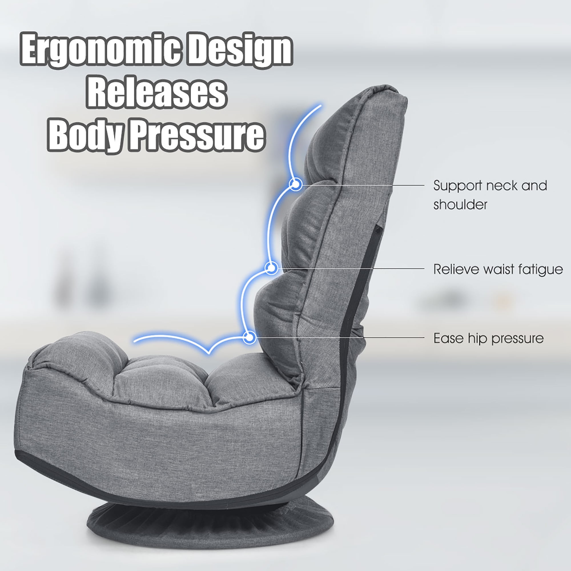 Costway Gaming Chair Fabric 6-Position Folding Lazy Sofa 360 Degree Swivel Grey