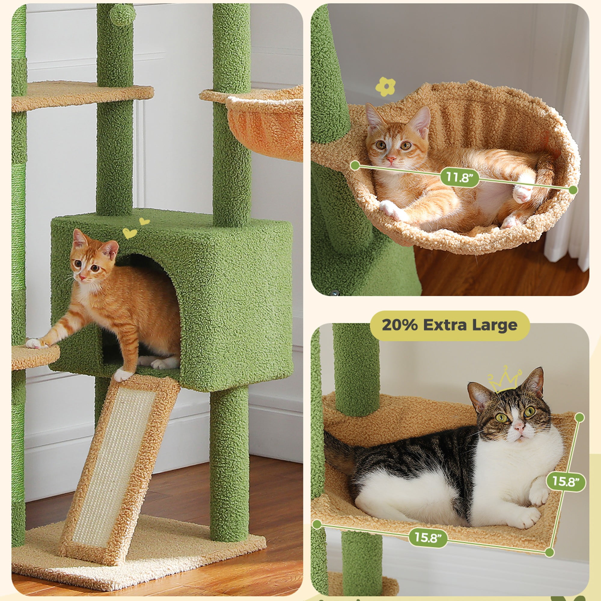 Kadyn Floor to Ceiling Cat Tree Tower Ajustable Height (90.5''~100.4'') 6 Tiers Cactus Cat Tree House with Cat Condo Hammock and Sisal Covered Post for Indoor Cats, Green