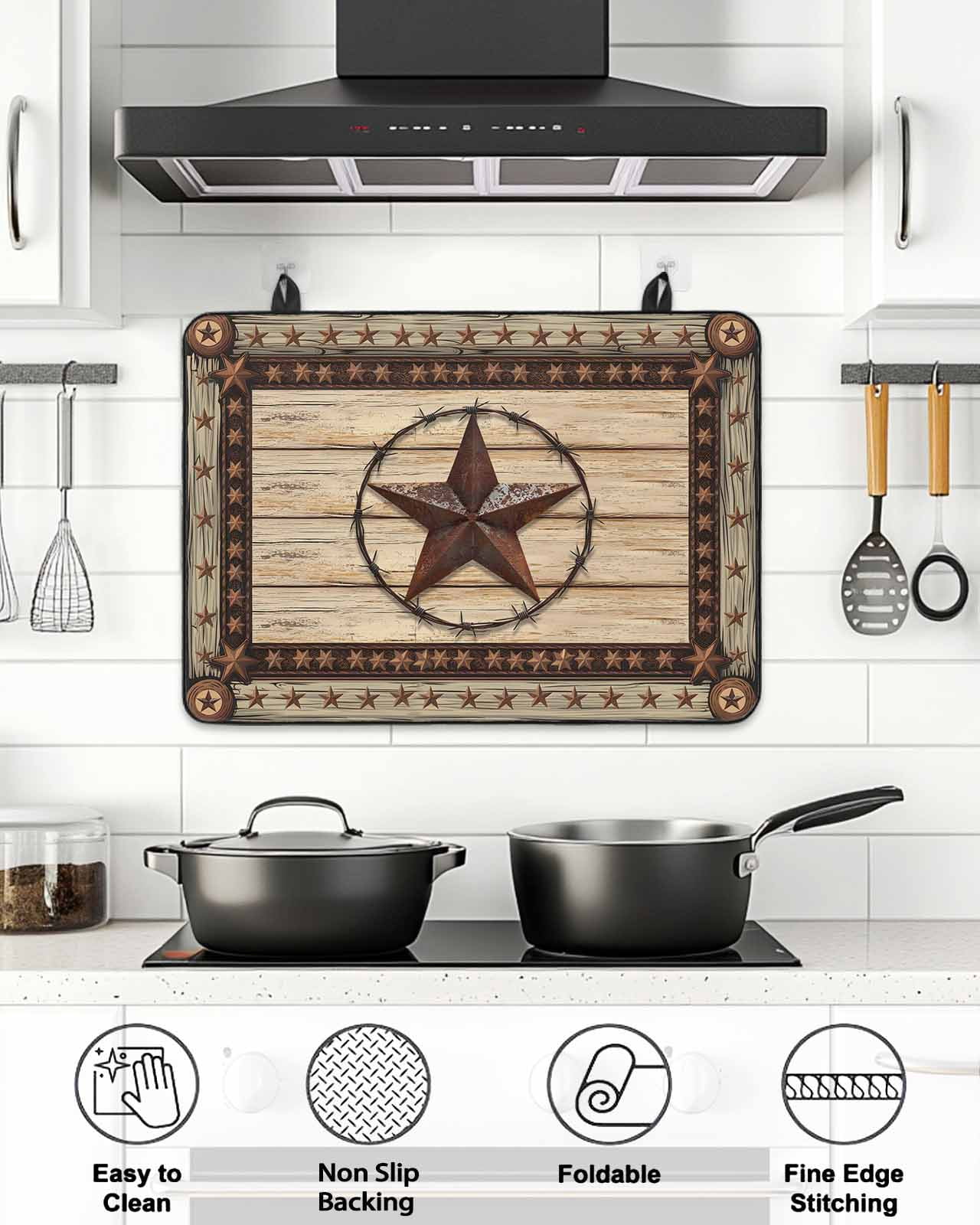 Stove Top Covers for Electric Stove, Texas Star Brown Glass Stovetop Cover Protector, Country Star Rustic Vintage Wooden Induction Cooktop Protector Oven Mat for Kitchen Countertop 24"x21"