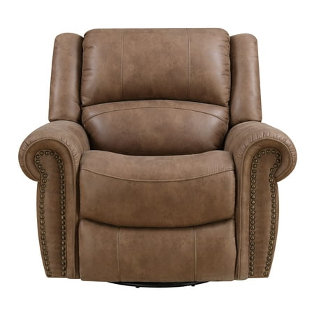 Emerald Home Spencer Brown Recliner with Swivel Glider, Nailhead Trim, And Pillow
