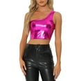 thumbnail image 1 of Top corto metálico para mujer de un solo hombro, ropa de fiesta de Halloween, club, camisetas brillantes holográficas, M rosa intenso, 1 of 6
