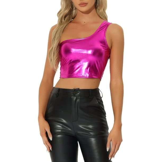 Top corto metálico para mujer de un solo hombro, ropa de fiesta de Halloween, club, camisetas brillantes holográficas, M rosa intenso
