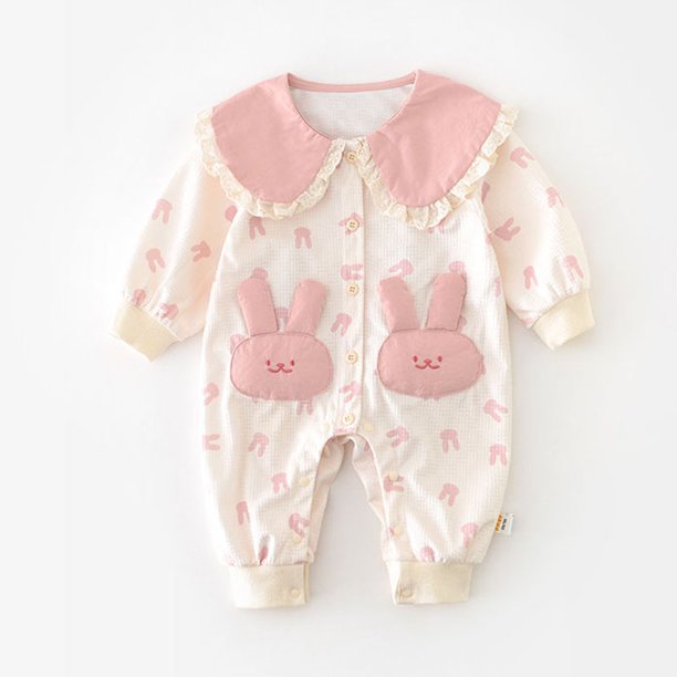Spring Autumn Baby Bodysuit Full Printed Bunny Pocket Jumpsuit for Infant Girls Cute Peter Pan Collar Toddler One Piece