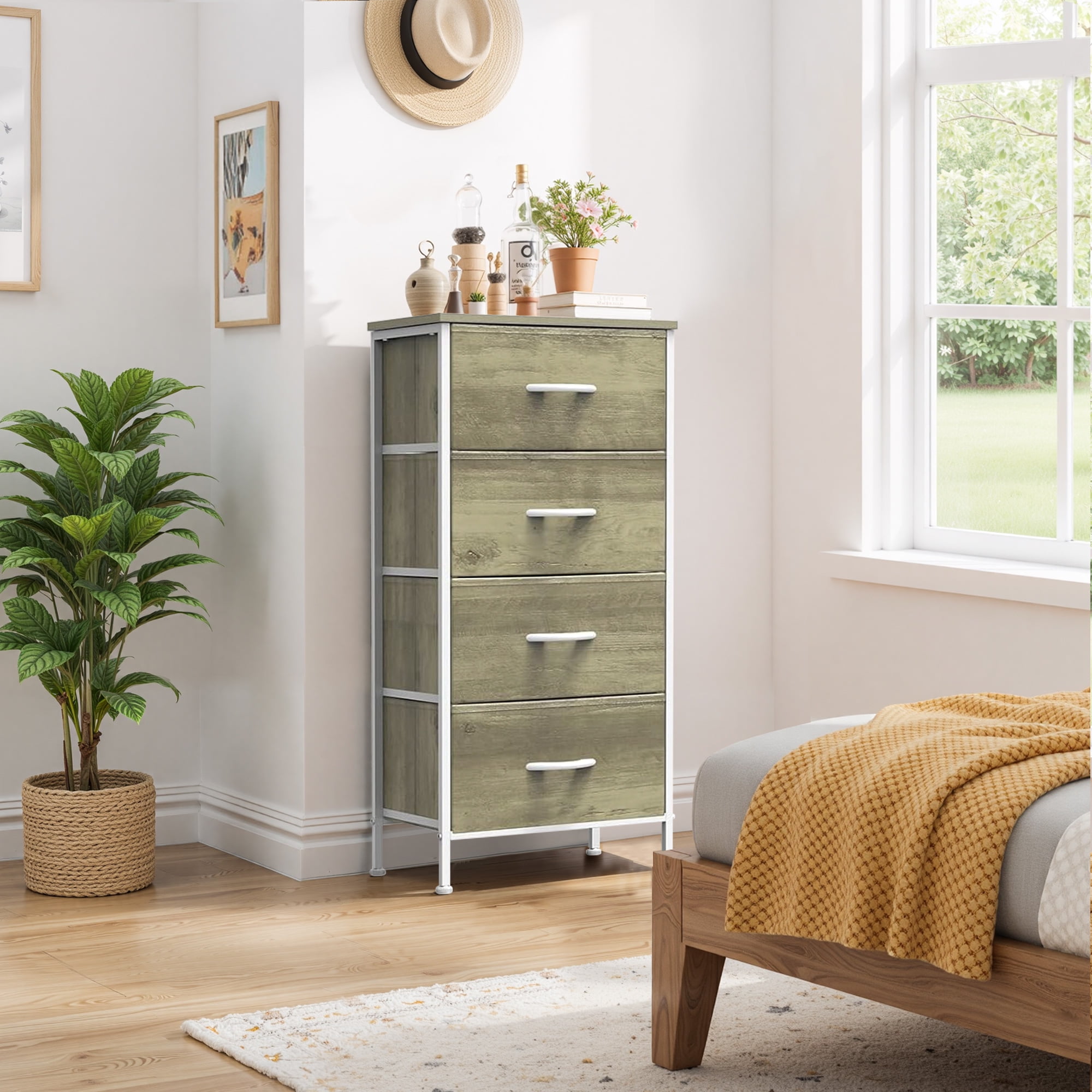 Dresser, Betcozy Storage Organizer with 4 Drawers for Bedroom, Nightstands with Sturdy Metal Frame, Wood Tabletop for LivingRoom, Entryway,Smoked ash