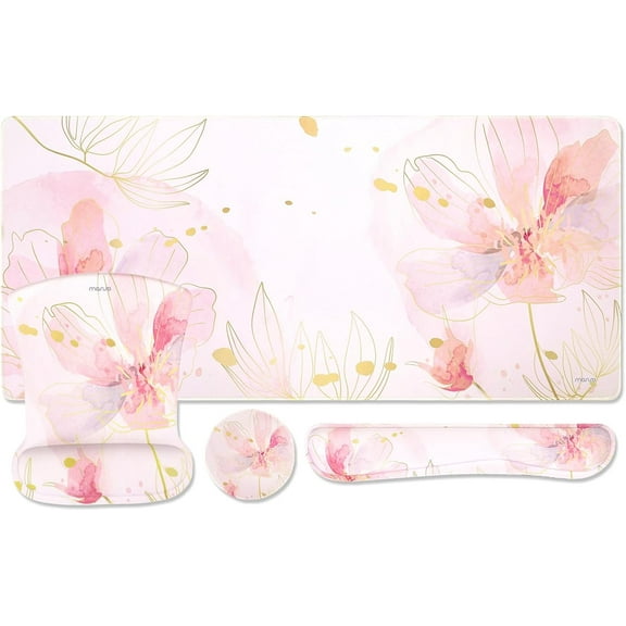 Mosiso Desk Mat Keyboard Mouse Pad Set, 4 in 1 Ergonomic Memory Foam Large Gaming Mouse Pad&Keyboard Wrist Rest&Mousepad with Wrist Rest&Coaster, Non-Slip Base, Pink