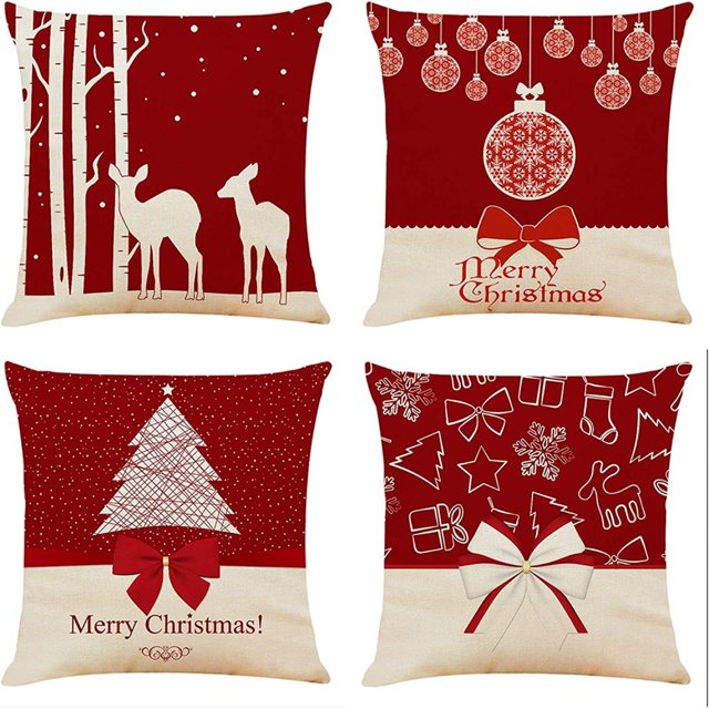 Funda de cojín 45x45 Fundas de cojín navideñas Navidad, juego de 4 fundas de cojín con estampado de lino y algodón Funda de cojín decorativa para sofá Funda de cojín de oficina con patrón de ciervo y