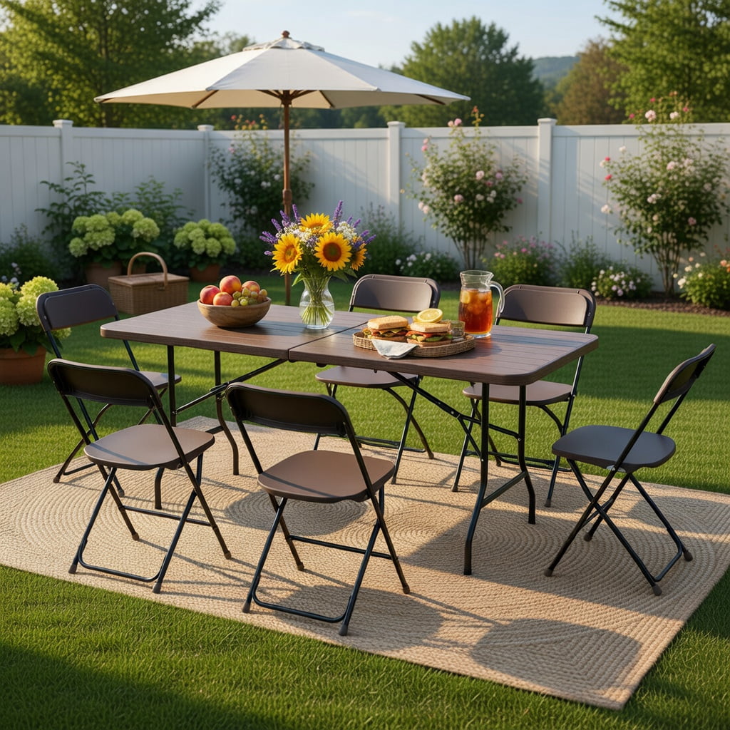 Hommoo 6 ft Folding Picnic Table with Weatherproof Wood-Grain HDPE Top, Heavy-Duty Metal Frame, Coffee