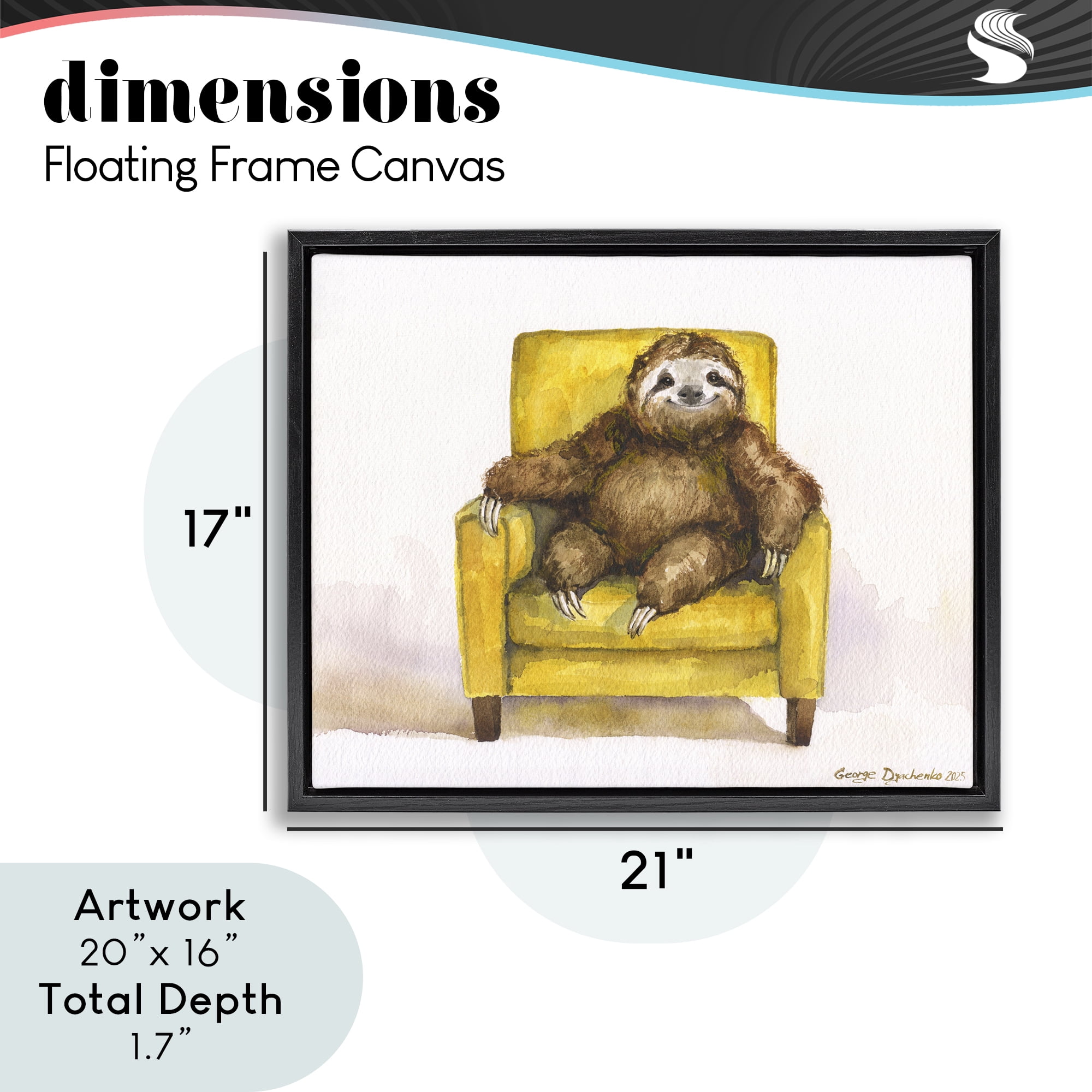 Stupell Industries Happy Sloth Relaxing on Armchair Black Framed Floater Canvas Wall Art, design by George Dyachenko