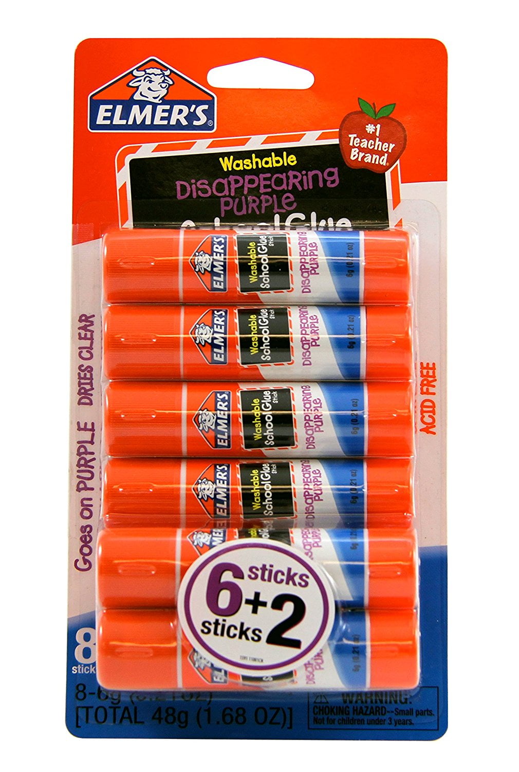Elmer's Disappearing Purple School Glue Sticks, 0.21 oz Each, 8 Sticks per Pack E1591