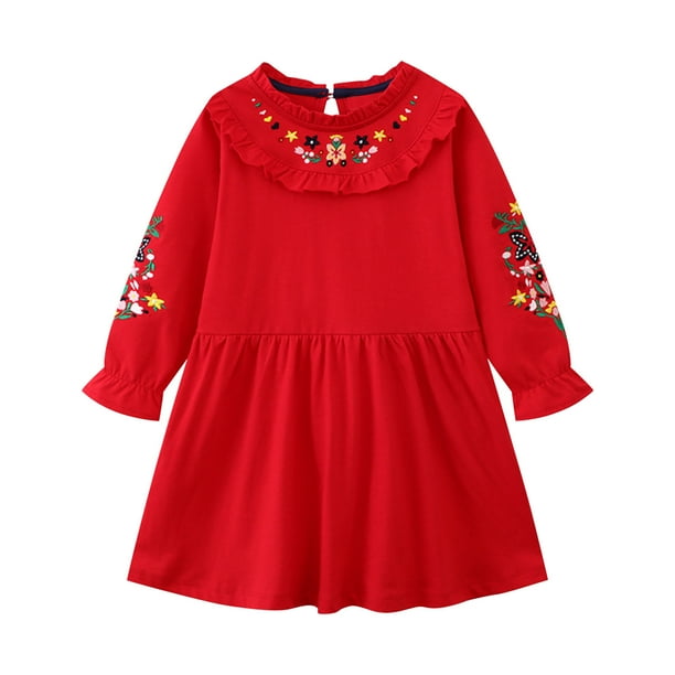 Odeerbi Niñas de Manga Larga Vestidos Bordados Florales Primavera Otoño Vestido de Algodón Niños Flor Imprimir Ruffle Dress