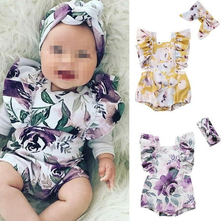 Newborn Baby Girls Butterfly sleeve Romper+Headband Set Infant Outfits