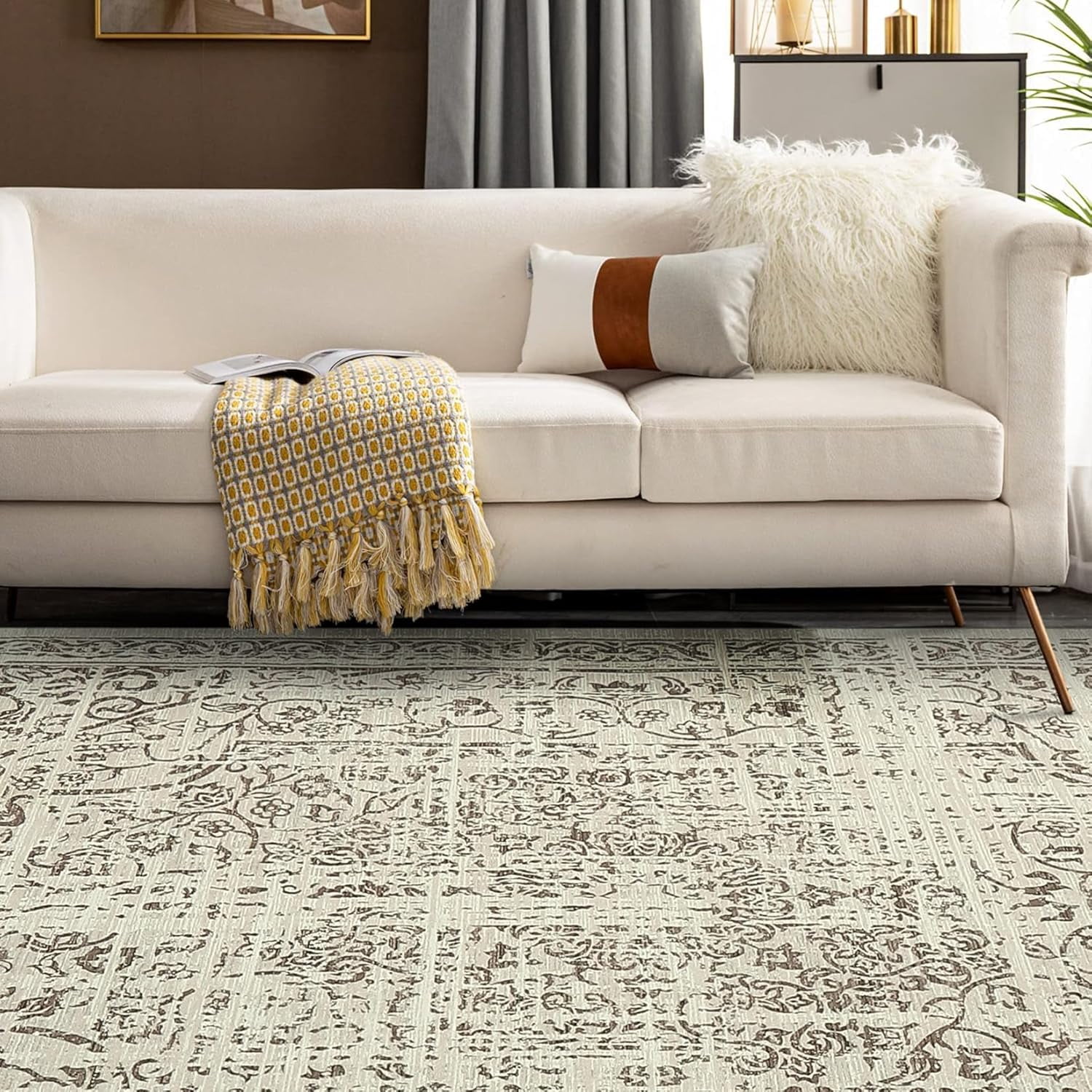 5x7 Washable Area Rug - Vintage Traditional Foldable Thin Kitchen Accent Indoor Distressed Non Slip Carpet Floral Print Mat Bathroom - Brown
