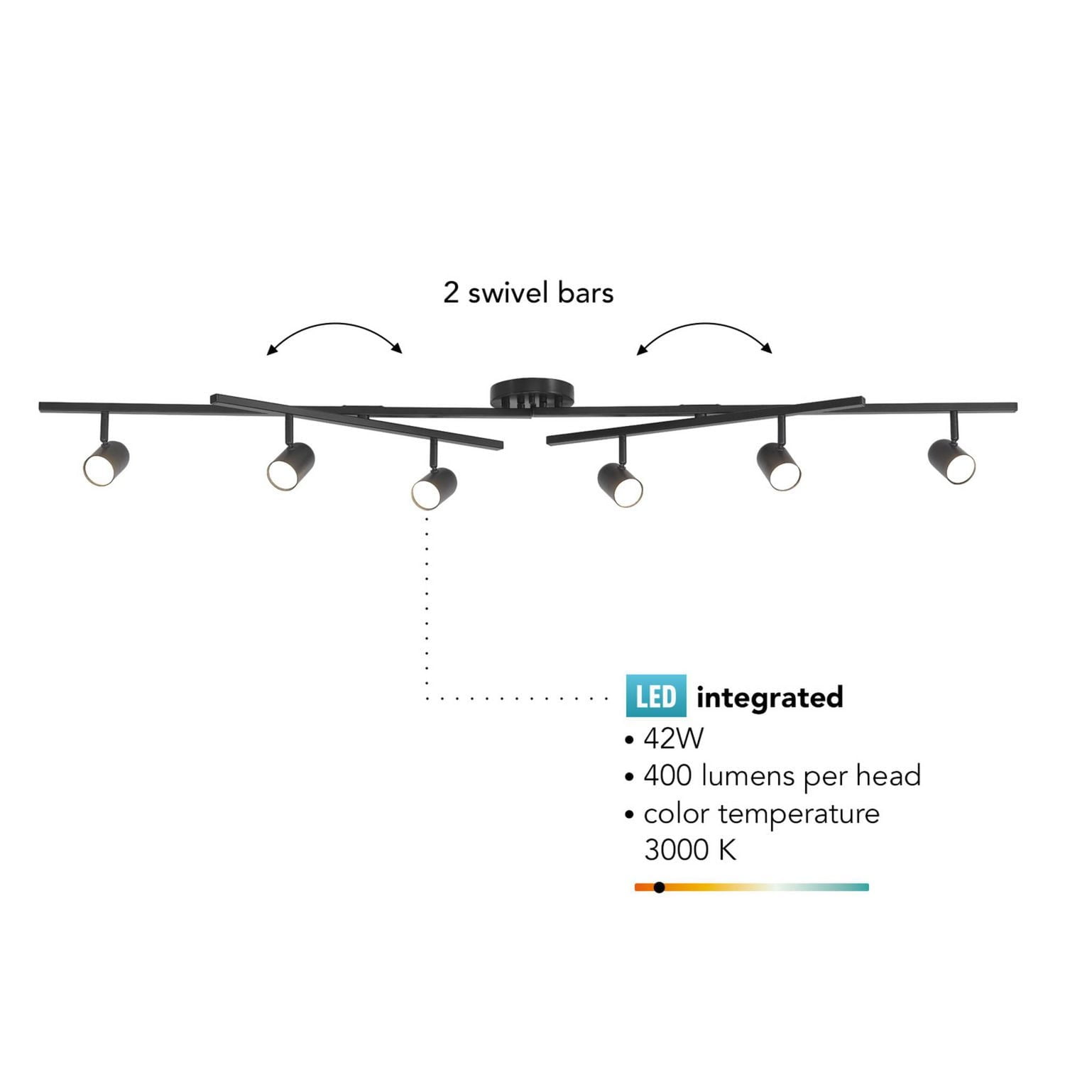 Wilma 6-Light Foldable Matte Black LED Integrated Track Lighting with Center Swivel Bars