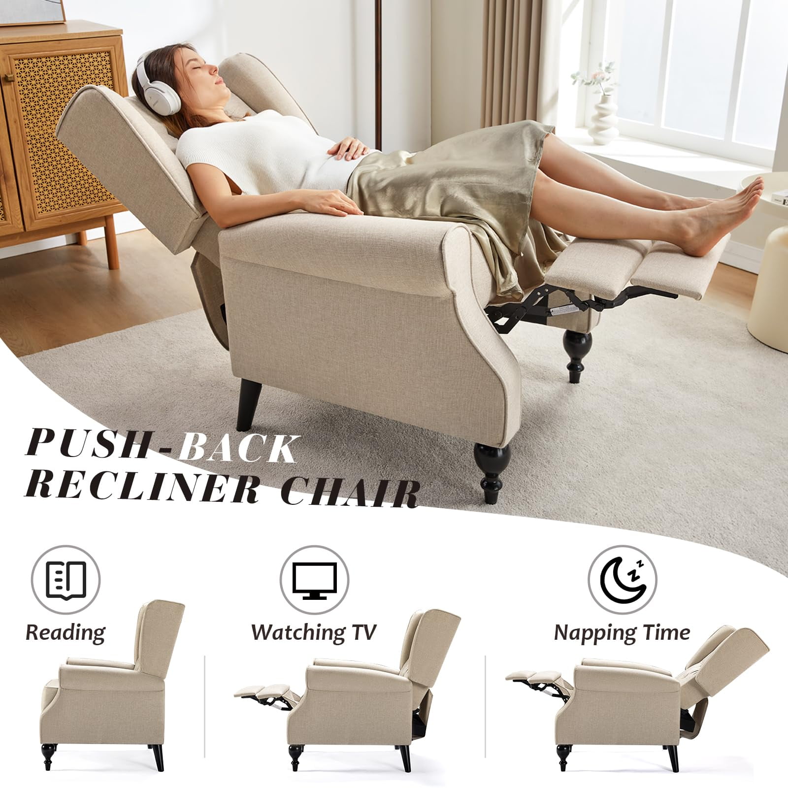 Merluxy Recliner Chair for Living Room,Classic Tufted,Widened Armrest and High Wingback,Fabric Beige