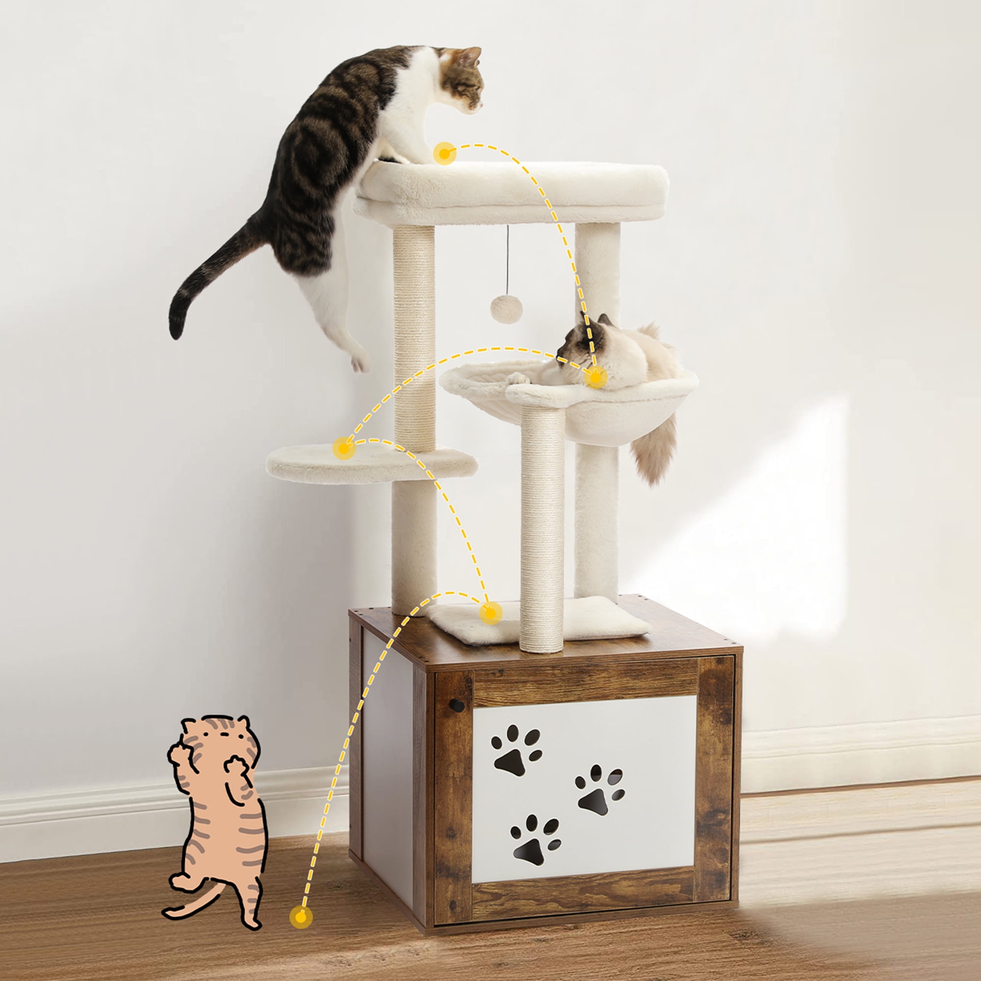 Pefilos 46" Cat Tree Tower with Litter Box Enclosure, Wood Cat Condo with Hammock, Cat Scratching Posts, Removable Top Perch, Brown Pefilos 46" Cat Tree Tower with Litter Box Enclosure, Wood Cat Condo with Hammock, Cat Scratching Posts, Removable Top Perch, Brown
