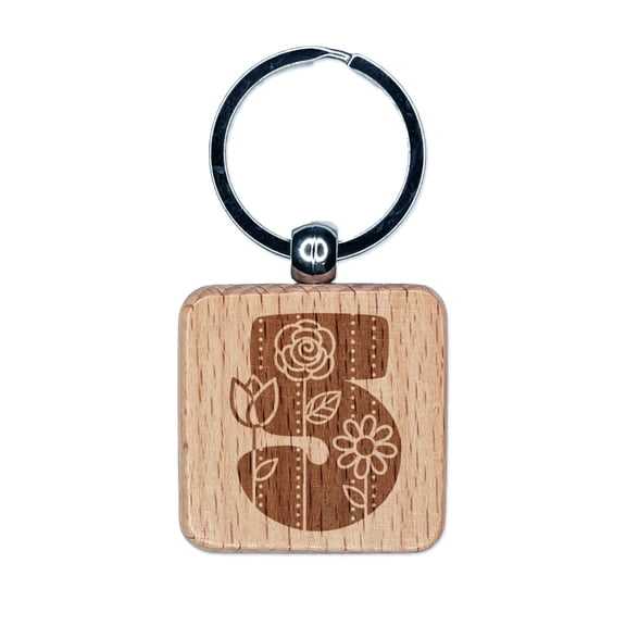 Sweet and Cute Flowers Rounded Block Number 5 Five Square Keychain Charm Tag - Engraved Wood