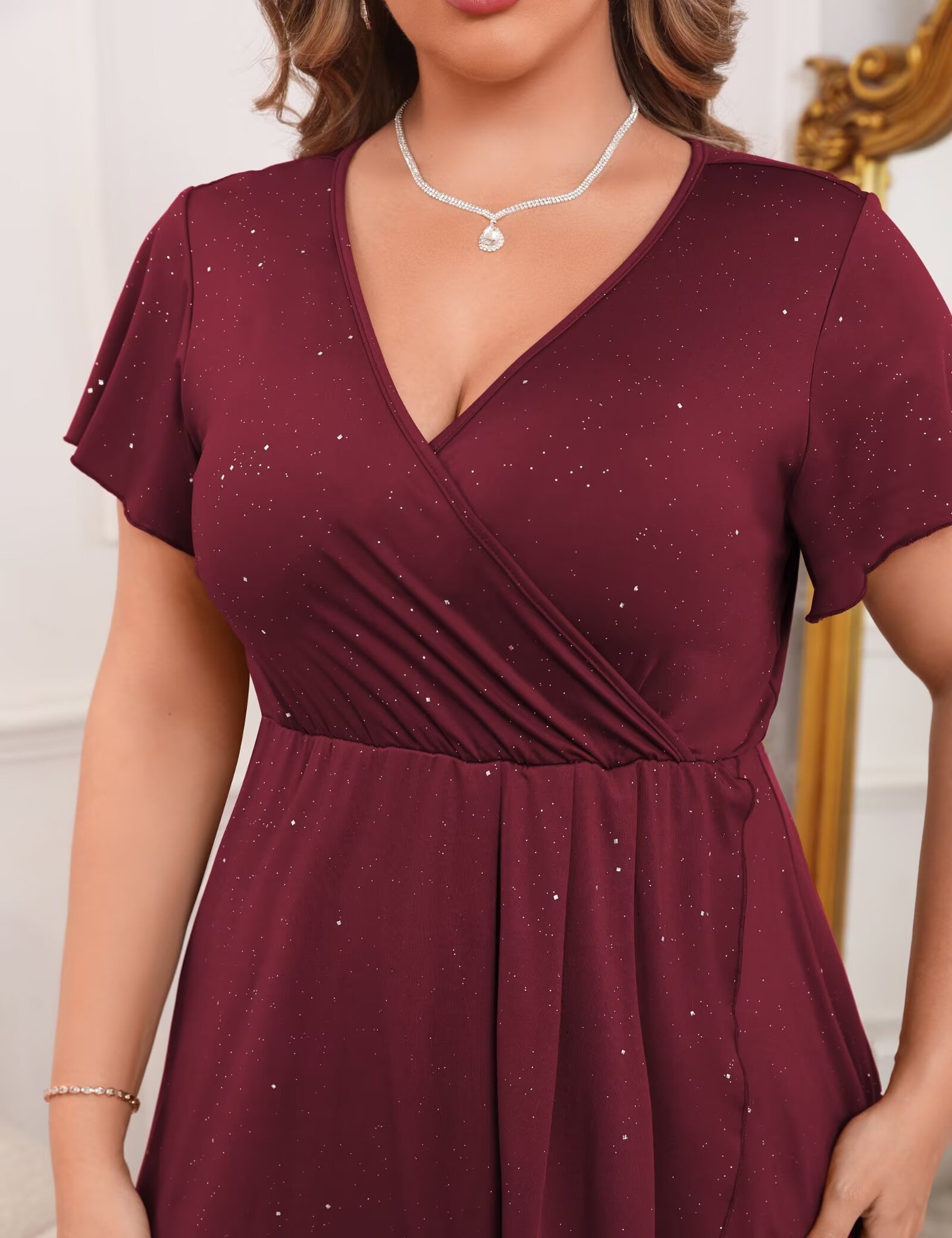 Plus Size Formal Dresses Glitter V Neck Split Wedding Cocktail Long Evening Dress Ruby Red M - image 2