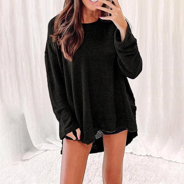 Ailaofu Waffle Knit Tops Women Long Sleeves Shirts Crewneck Basic Sweatshirts Casual Trendy