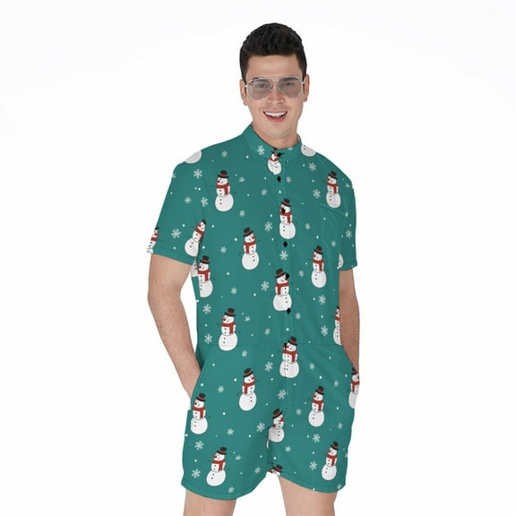Teal Snowman Pattern Short Sleeve Men'S Rompers, Christmas Snowman Winter Vibe Casual Summer Jumpsuits Outfit