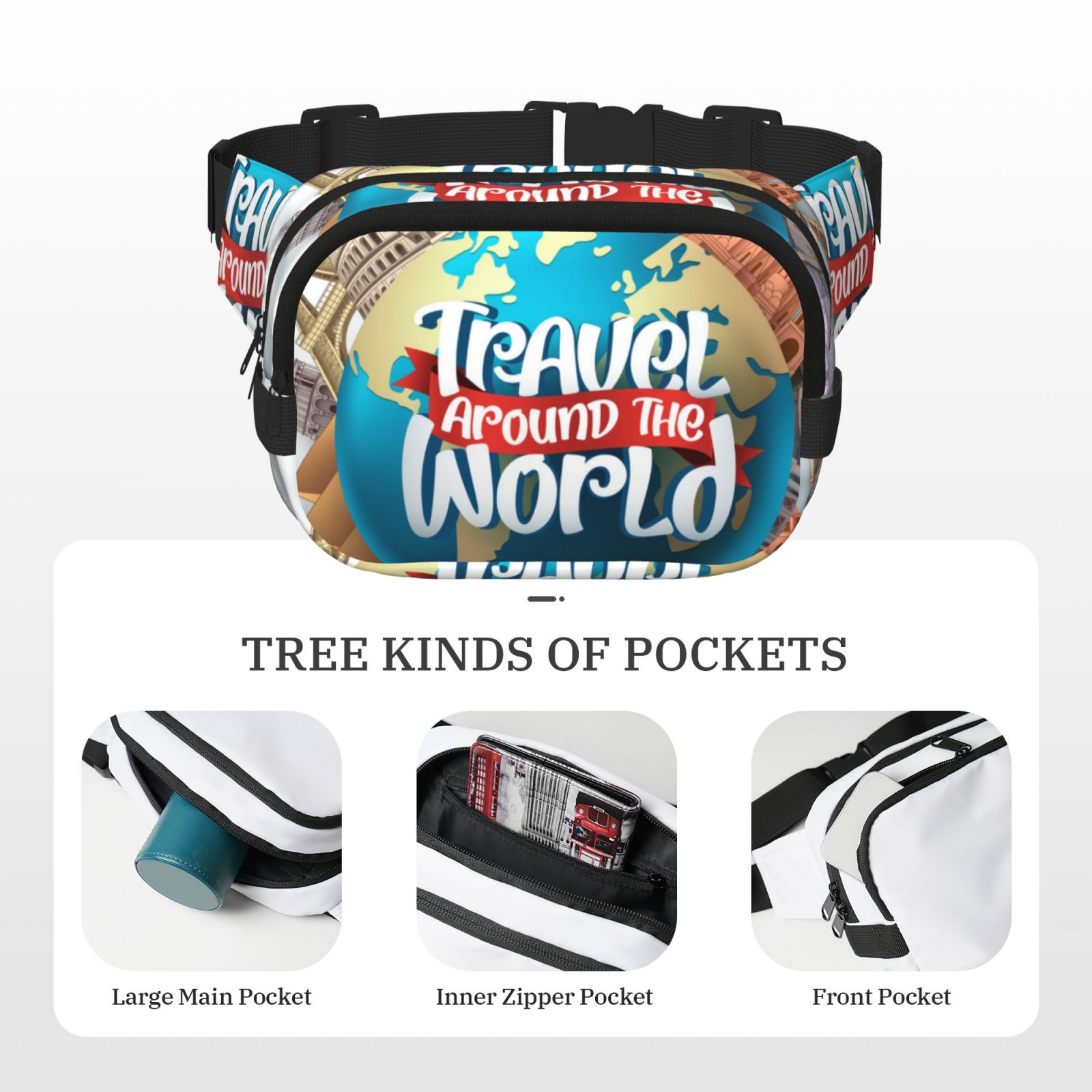 Hirioo Travel Around The World for Double Layer Waist Bag Adjustable Fanny Pack For Travel Running Hiking