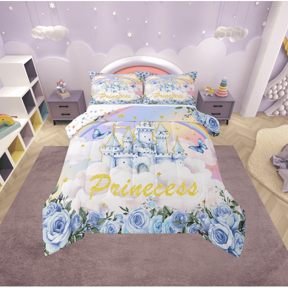 Erosebridal Blue Castle Print Bedding Twin Comforter Set, Kawaii Princess Down Comforter, Romantic Rose Floral Reversible Comforters & Duvets, Lightweight Room Decorative, 2pcs