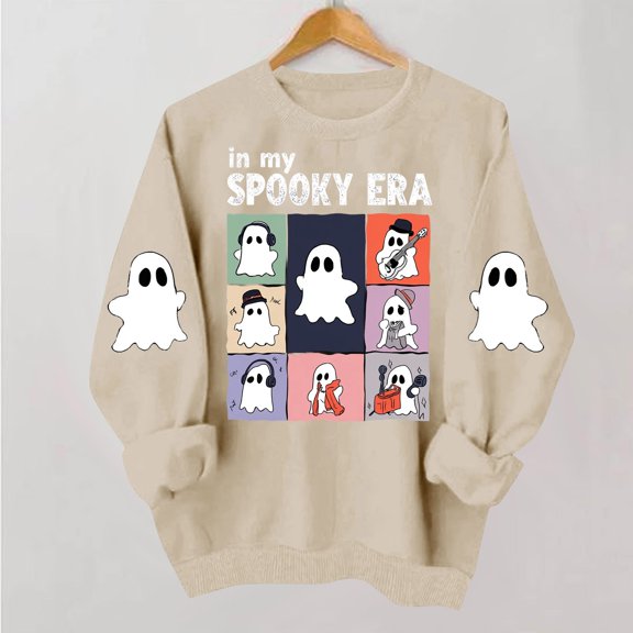 NTACZA Womens Sweatshirt Halloween Crew Neck Spooky Season Sweatshirt Cute Ghost Grapic Long Sleeve Cozy Pullover Tops Daily Outfits Beige L