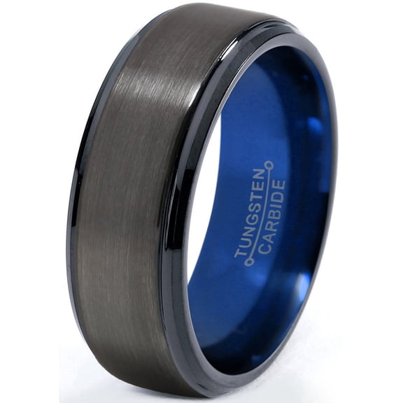 P. Manoukian Tungsten Wedding Band Ring 8mm for Men Women Blue Black Gunmetal Beveled Edge Brushed Polished Lifetime Guarantee Size 10.5