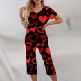 thumbnail image 4 of Garbnen Womens Valentine Pajama Set V Neck Short Sleeve Sleepwear Topand Capri Pants Love Heart Print Womens Pajama Sets with Pockets, 4 of 7