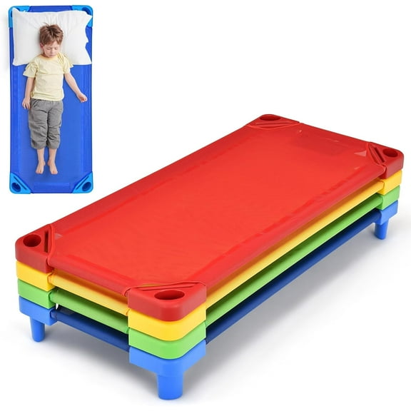 Stackable Daycare Cots for Kid -Pack of 4, Portable Preschool Cots, 52" L x 23" W, Ready-to-Assemble, Space-Saving Toddler Nap Cot for Sleeping, Resting, Naptime, Nursery (4, Multicolor)