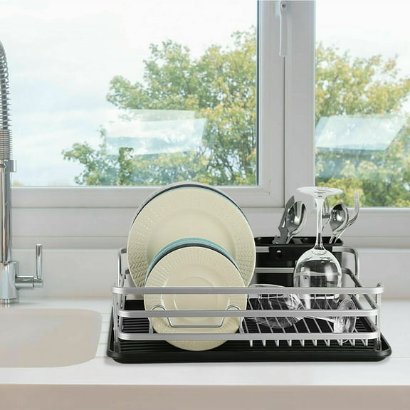 Aluminum Dish Drying Rack with Utensil Holder, Removable Plastic Drainer Tray