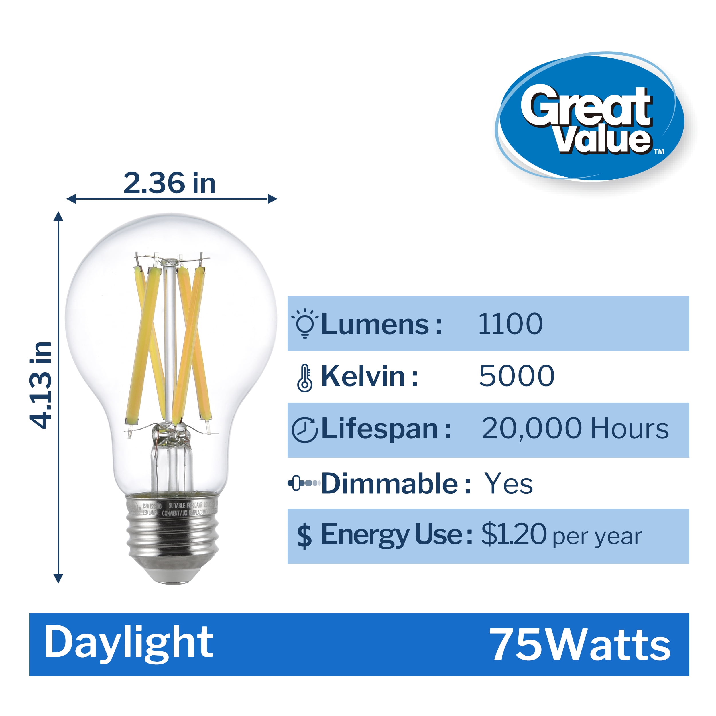 (2 pack) Great Value 18YR A19 LED Light Bulb, 10W (75W Equivalent) Dimmable Daylight E26 Medium Base (4 Pack)