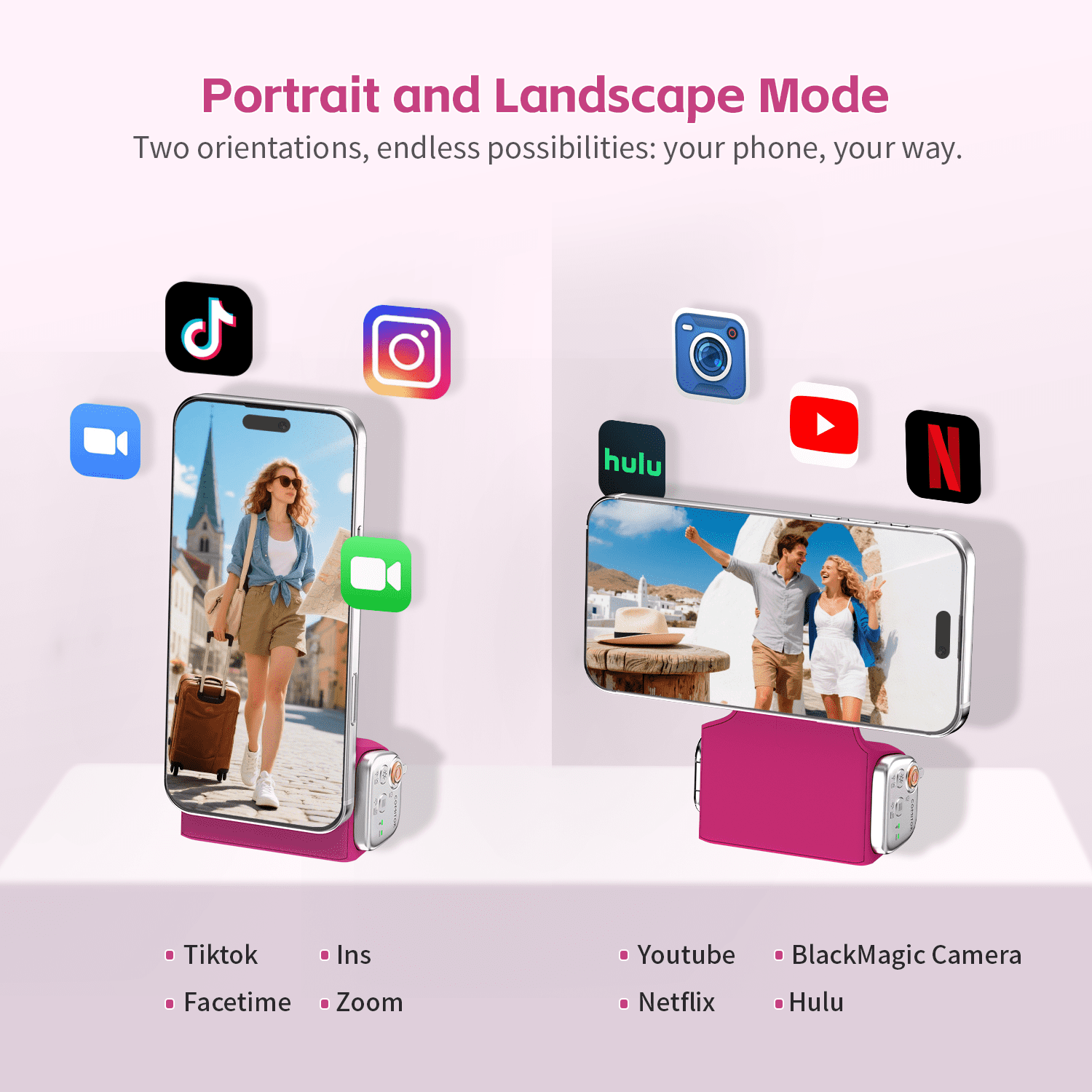 COMITOK MOCA Ergonomic Selfie Stick Detachable Remote Control Magnetic Selfie Stick for iPhone 17 Perfect for Vlogging TikTok-1/4" Screw Mount Fuchsia