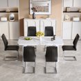 thumbnail image 3 of 64.5" by 35.4" White Marble Textured Dining Table Set with 6 Black PU Chairs | Modern design with unique glass accents and silver metal legs, ideal for family gatherings or entertaining guests, 3 of 21
