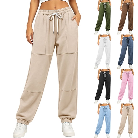 HomeDM Joggers for Women with Pockets Drawstring Loose Fit Sweatpants Khaki Lounge Pants for Workout Running Size L
