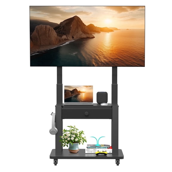 Hellsehen Rolling TV Stand with Fabric Drawers for 32-75 inch Flat Curved Screens up to 220lbs Adjustable Height Black