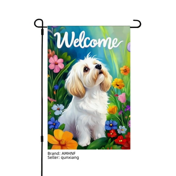 AMHNF Welcome Shih Tzu Dog in Flowers Linen Garden Flag for Spring Summer Home Outdoor Garden Yard Door Decor 12x18 inch
