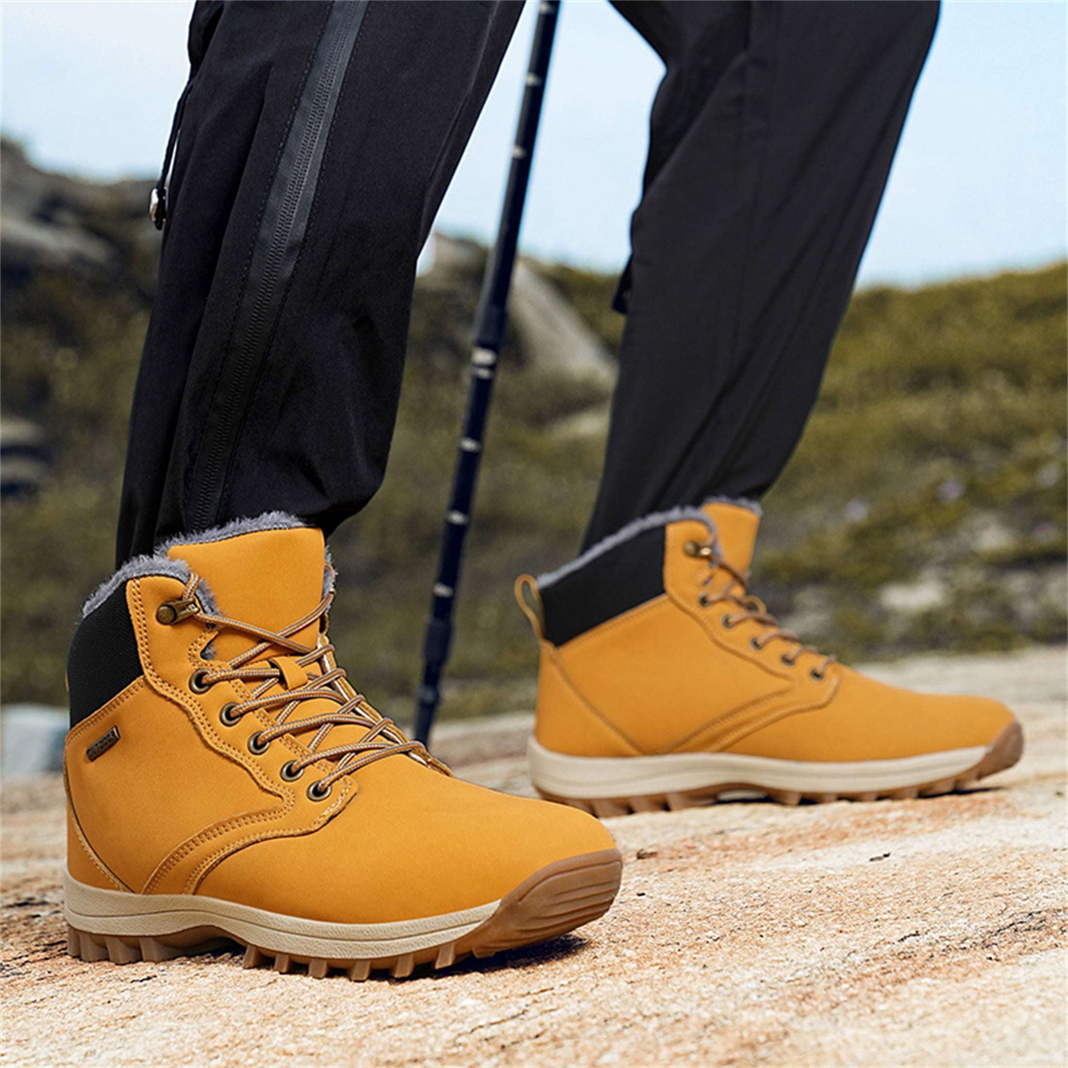 LASUDRAA Mens Snow Boots Winter Warm Waterproof Hiking Shoes Insulated Fur Liner