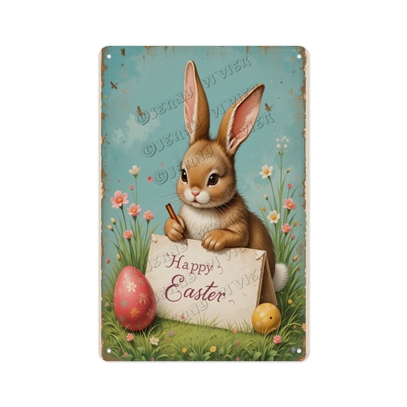 Retro Aluminum Sign with Bunny Writing Easter Greetings, 12 x 16 Inches, Perfect for Your Kid's Room, Living Room, or Nursery for a Fun and Festive Vibe