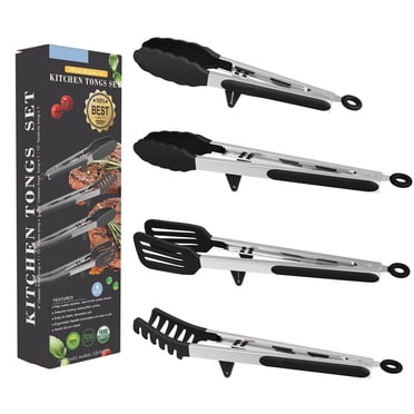 4in1 Stainless Steel Kitchen Food Tongs Set for Cooking with BPA Free Silicone Tips, Toaster Steak Pie Pizza Pasta Spaghetti Noodles Salad Fruit Vegetable Grill BBQ Buffet Clamp Serving Tools Gadgets