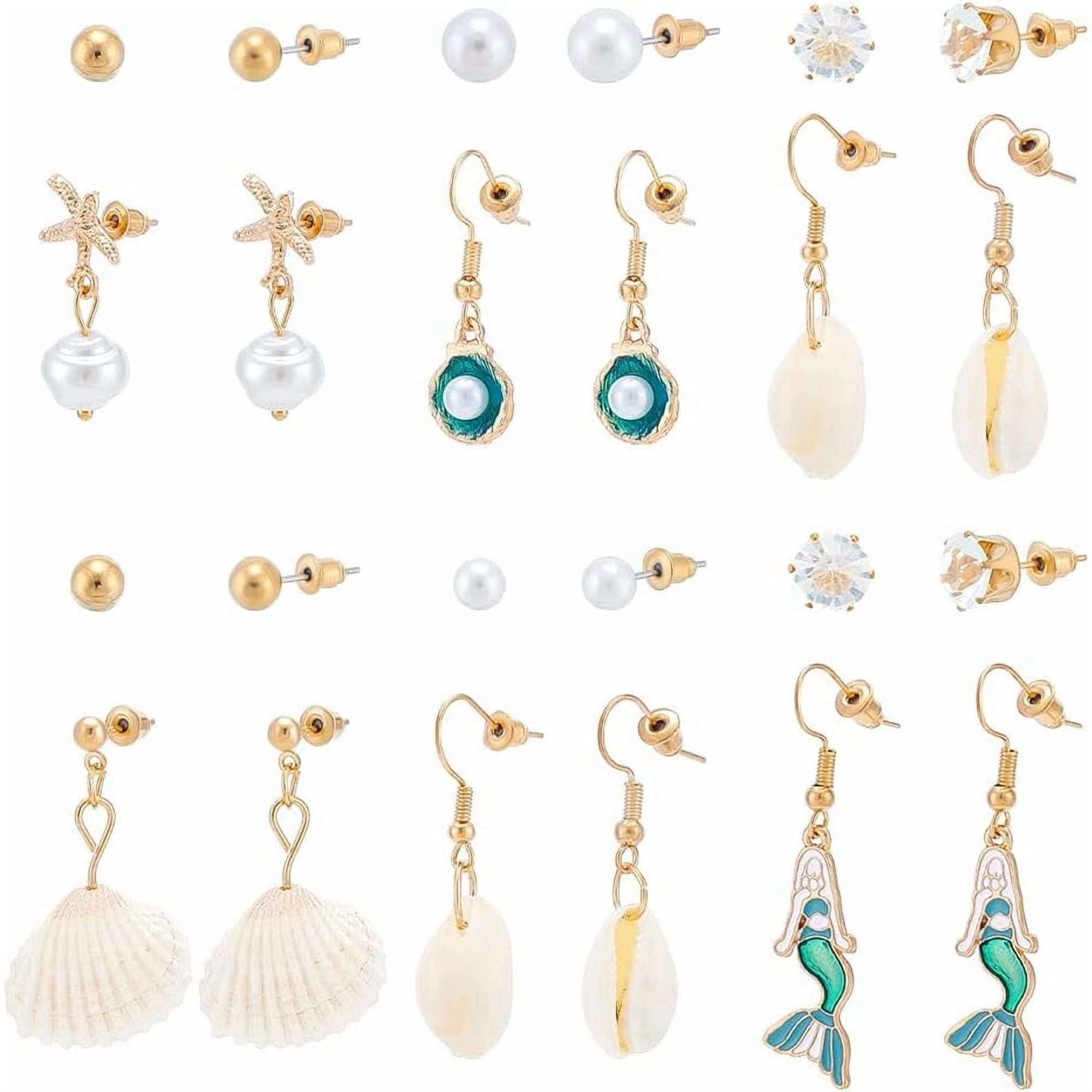 12Pairs 10 Styles Ocean Theme Earrings Kit Summer Fashion Rhinestone Beach Earrings Jewelry Accessories Seashell Pearl Starfish Conch Costume Jewelry for Women Daily Wear Beach Holidays
